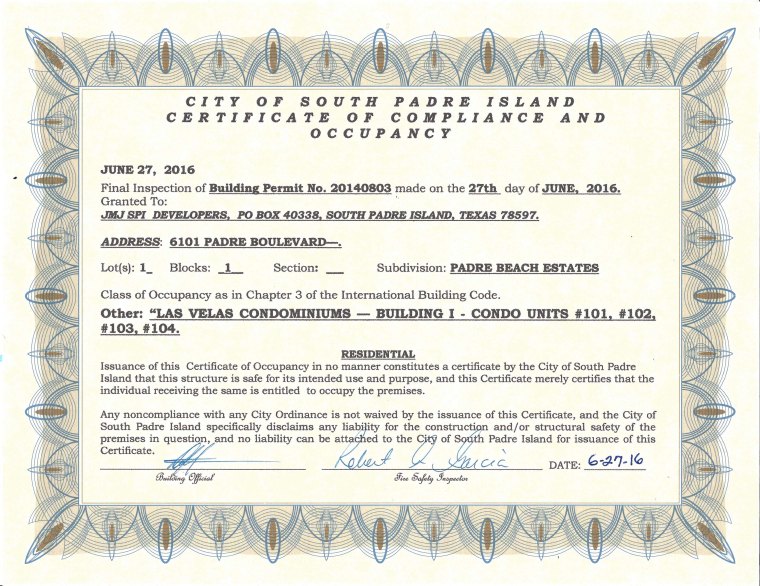 CO CERTIFICATE LAS VELAS BLDG 1